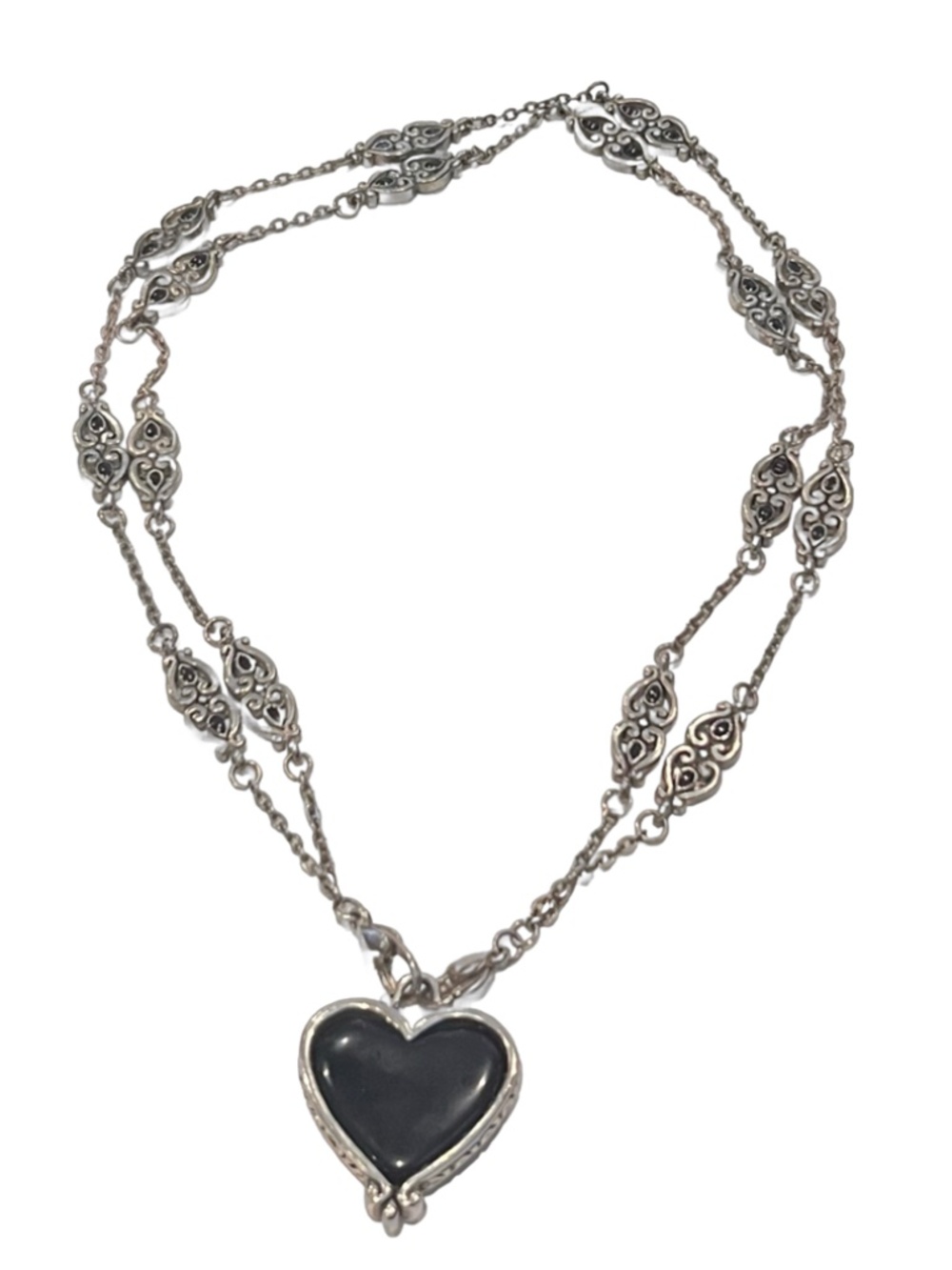 Black Heart Pendant Necklace with Filigree Station Chain